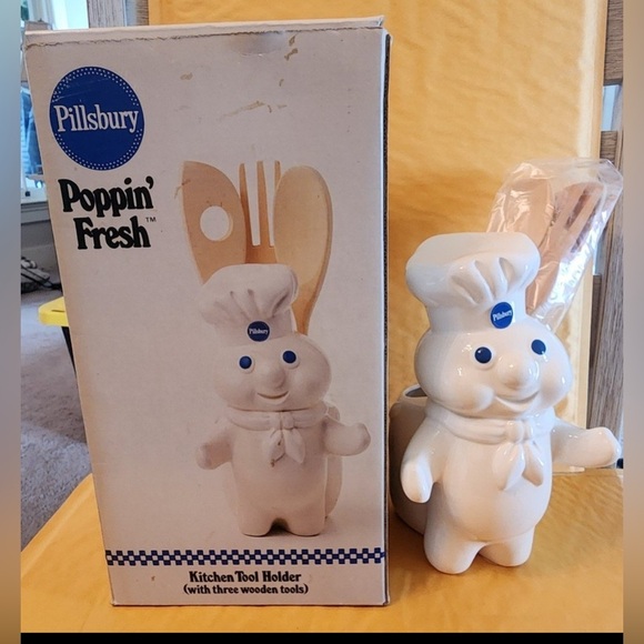 Pillsbury Dough Boy Kitchen Tool Holder 3 New Wooden Tools w/ original box 1988 - Picture 1 of 6